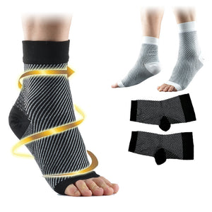 Diagonal knit black ankle compression sleeve shown with arch wrap graphic beside white and grey pairs