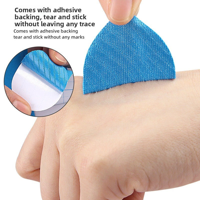 A blue tape strip being peeled from its paper liner and pressed onto skin