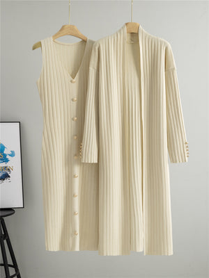 Apricot two piece ribbed knit set showing the buttoned dress beside the long open cardigan