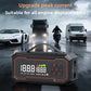 Rugged black multi-function car air pump and jump starter with carry handle and digital pressure display on a wet road