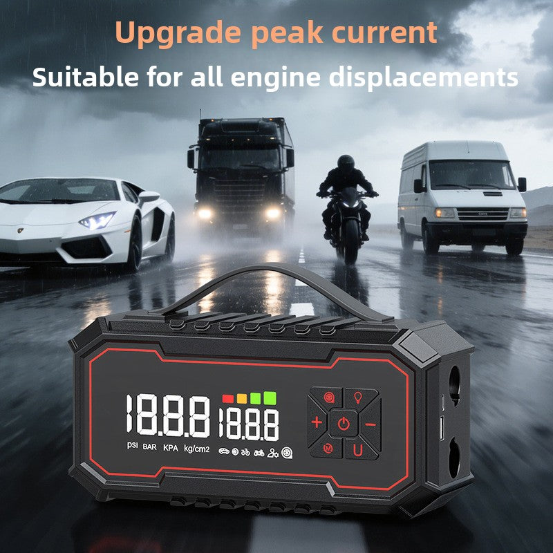Rugged black multi-function car air pump and jump starter with carry handle and digital pressure display on a wet road