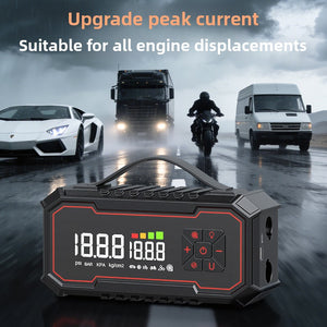 Rugged black multi-function car air pump and jump starter with carry handle and digital pressure display on a wet road