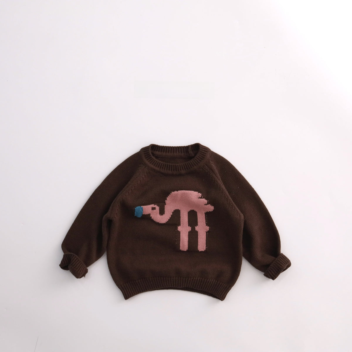 Brown cotton knit kids sweater with pink flamingo motif, ribbed neck and cuffs, for height 130cm