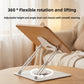 Wood grain board reading stand with two jointed arms tilted up, and a round swivel arrow on the white base