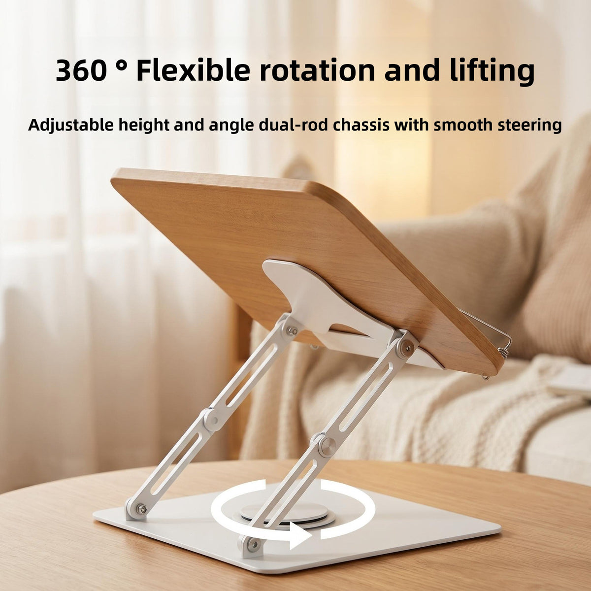 Wood grain board reading stand with two jointed arms tilted up, and a round swivel arrow on the white base