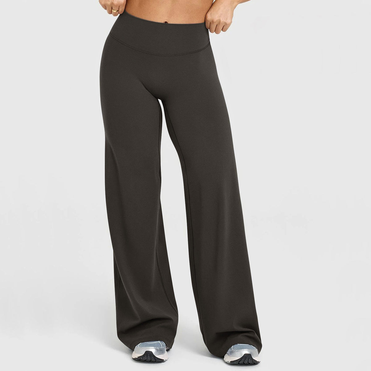 High waist wide leg pants with a tall smooth waistband, back view
