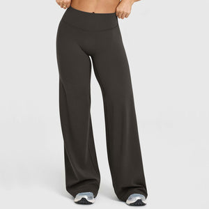High waist wide leg pants with a tall smooth waistband, back view