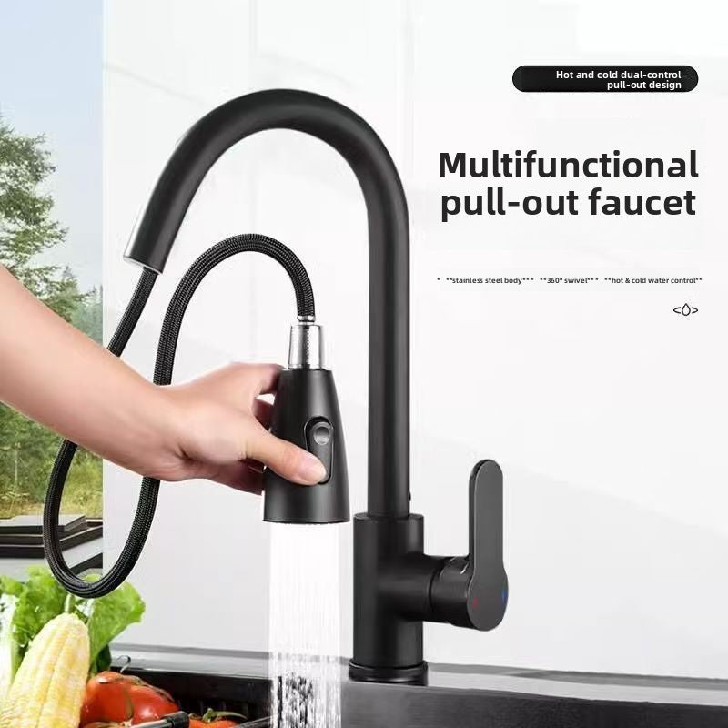 Black pull out faucet with the head drawn out on its hose, maker text multifunctional pull out faucet