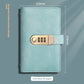 Lake blue faux leather banknote holder book with brass combination lock, front view