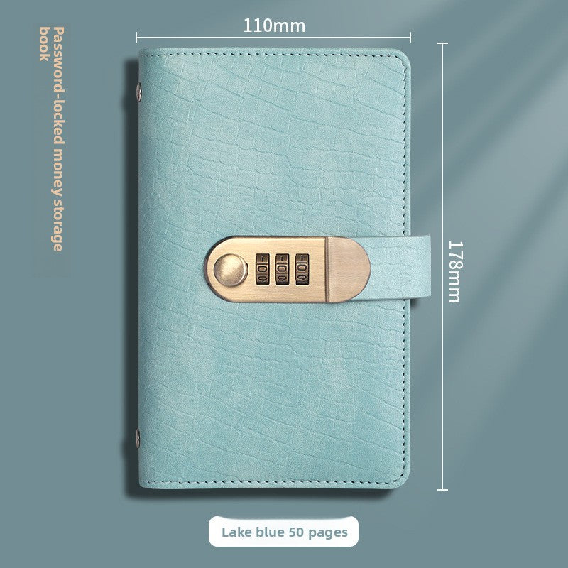 Lake blue faux leather banknote holder book with brass combination lock, front view