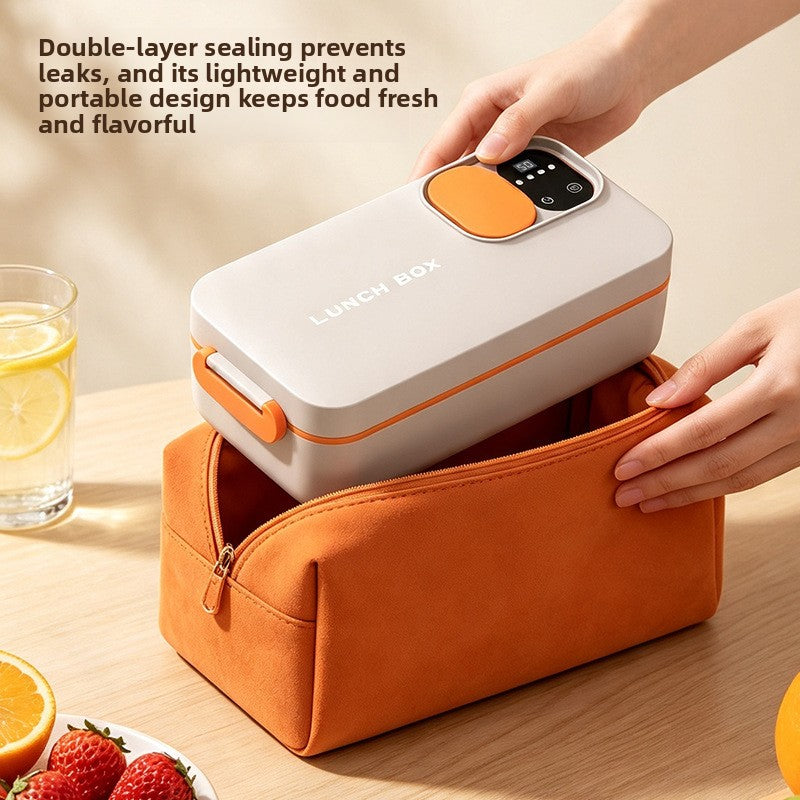 Cream and orange electric lunch box with the lid closed above an orange carry pouch, pouch shown as styling