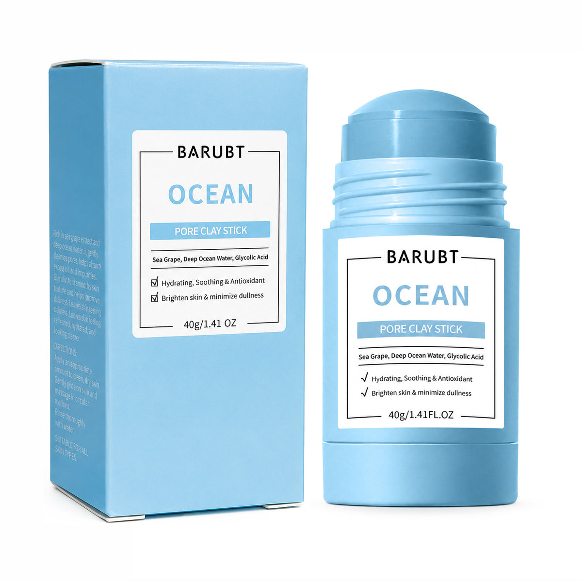 Blue BARUBT Ocean clay stick with its blue carton listing sea grape, deep ocean water and glycolic acid