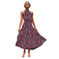 Red and purple floral halter neck sleeveless tiered swing maxi dress shown full length on a white background