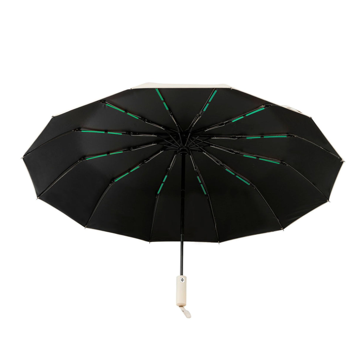 Compact folding umbrella with fiberglass ribs and a one button auto open handle
