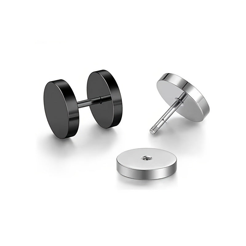 Round stainless steel stud earrings with a screw on back disc, studio shot