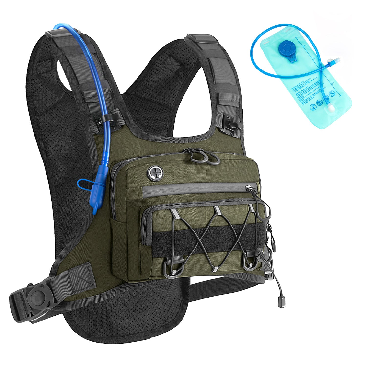 Chest pack in dark camo with the blue drinking tube routed over the shoulder strap