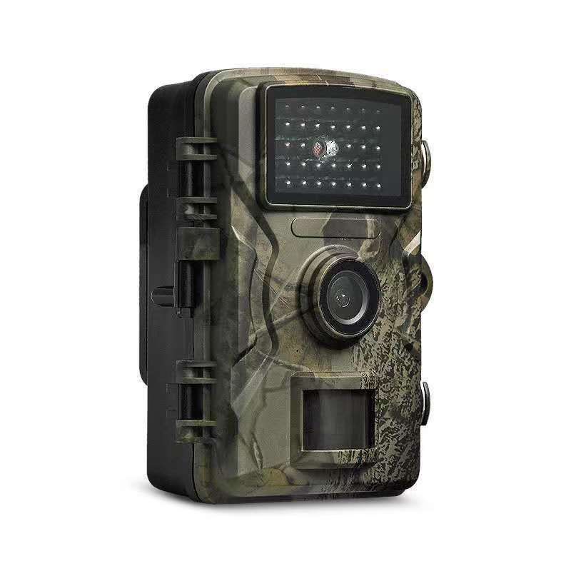 Camouflage trail camera front showing the infrared LED array, lens and motion sensor