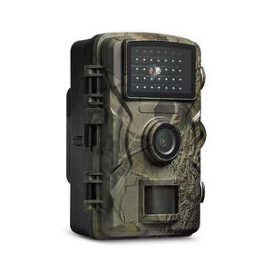 Camouflage trail camera front showing the infrared LED array, lens and motion sensor