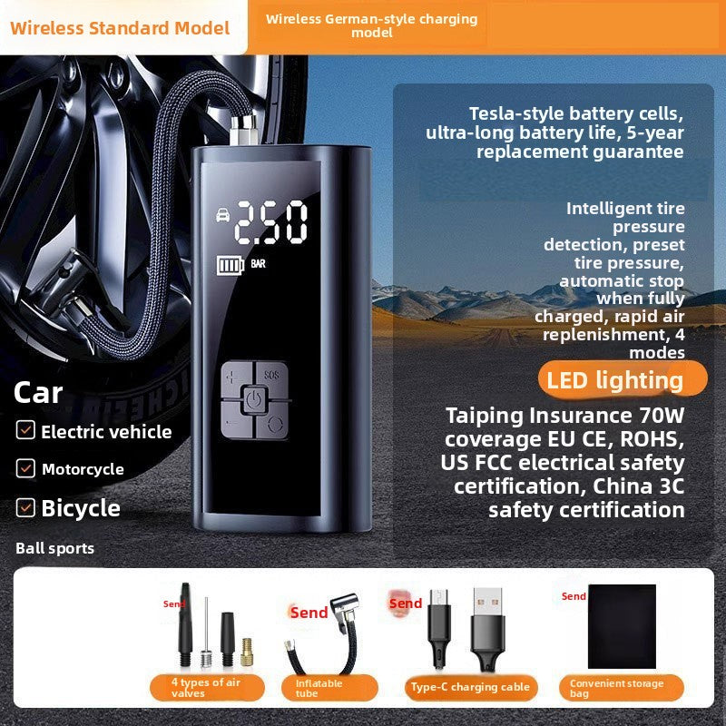 Wireless version of the digital tire inflator with four valve adapters and a Type C cable