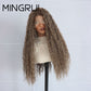 Side view of a long curly brown synthetic lace front wig with light highlights on a mannequin