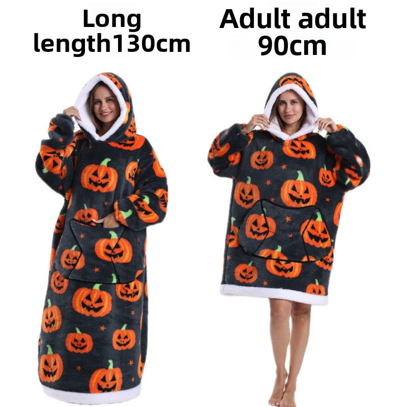 Gray Pumpkin hooded fleece pullover, dark gray with orange pumpkin prints, 90 cm adult length option