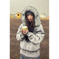Grey Fair Isle zip knit cardigan with faux fur hood up, grey option photo, woman holding a paper cup
