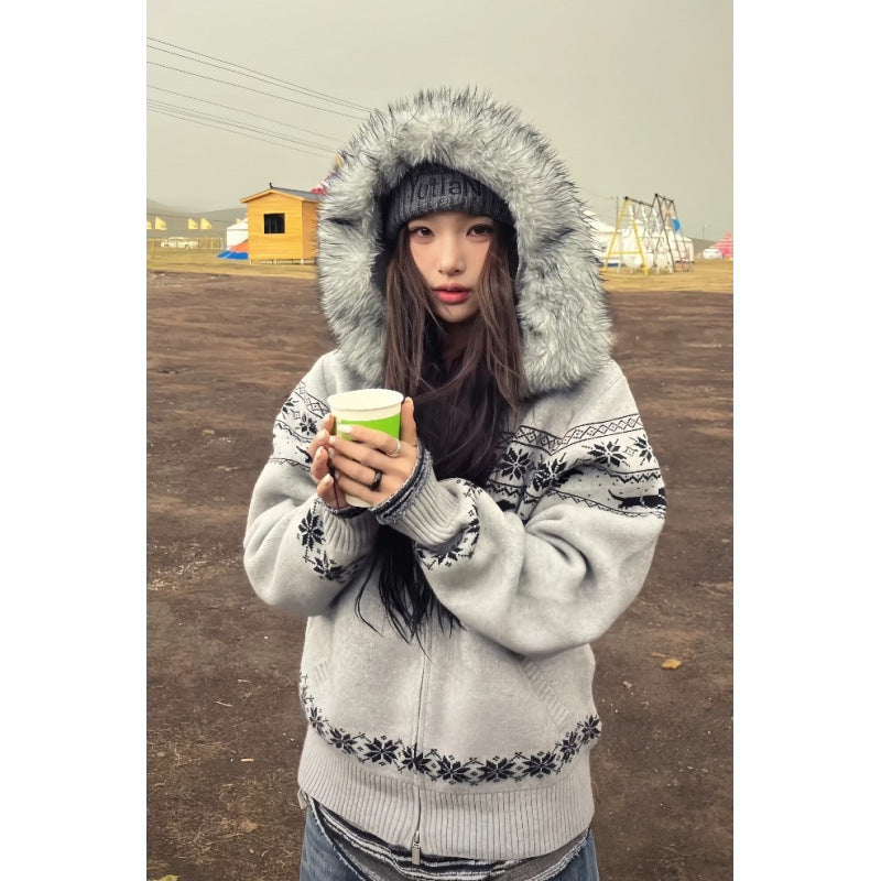 Grey Fair Isle zip knit cardigan with faux fur hood up, grey option photo, woman holding a paper cup