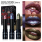 Three metallic glitter lipsticks with high shimmer pearl shades shown with lip swatches