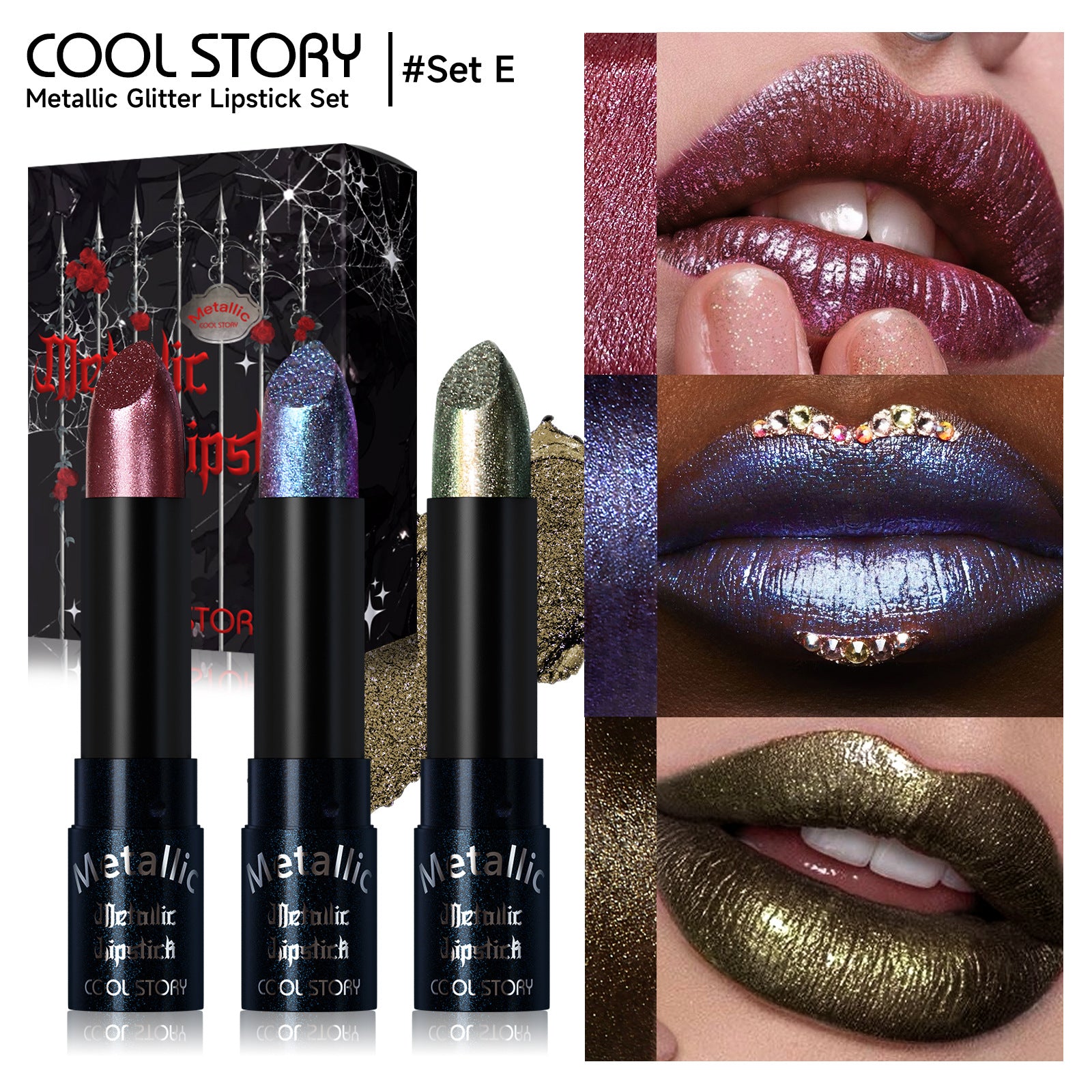 Three metallic glitter lipsticks with high shimmer pearl shades shown with lip swatches