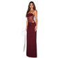 Burgundy maxi dress on white with a ruched bodice, sheer lace waist panel and a cut-out at the side of the waist