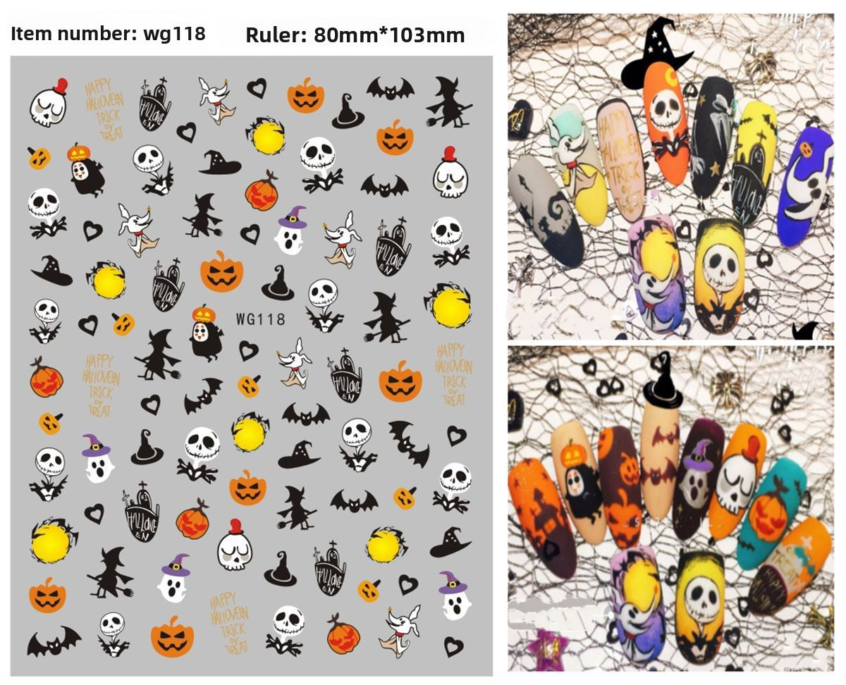Festive Halloween nail decals mixing pumpkins, bats and spiders
