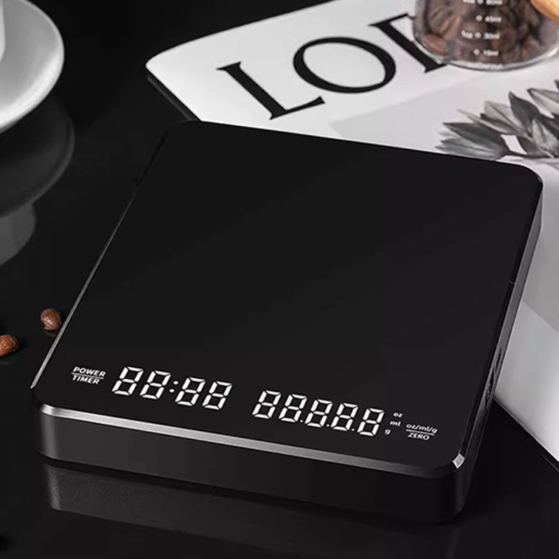 Slim black ABS coffee scale with an LED display shown on a counter