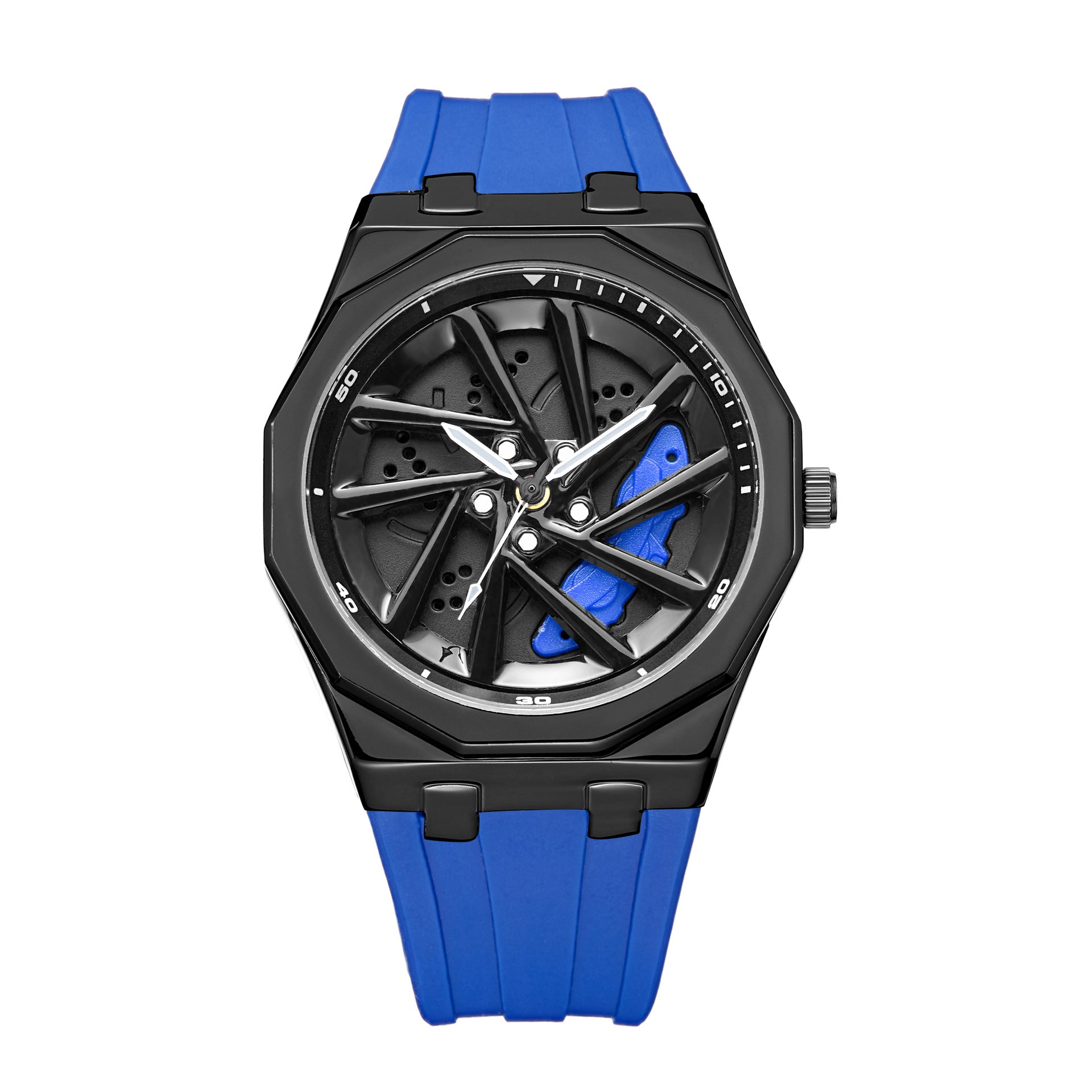 Top down view of the octagonal car wheel quartz watch and silicone strap