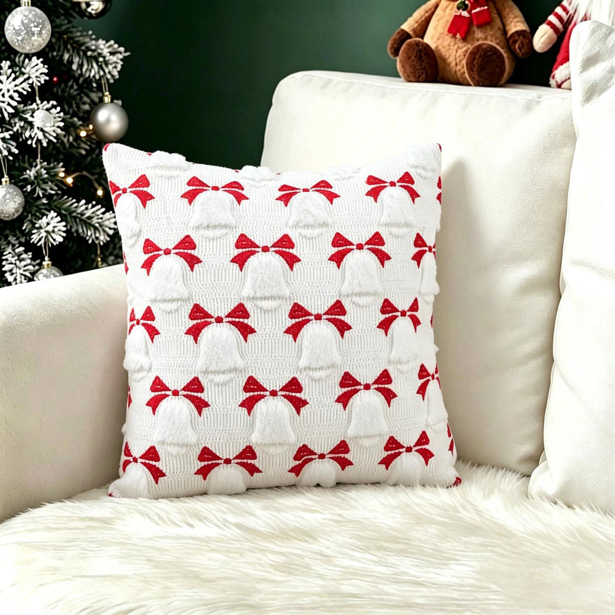 Plush carved cushion cover with a Santa and tree motif raised out of the plush pile, view 40