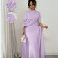 Lilac chiffon cape sleeve long gown with cinched waist and floor length skirt, on model