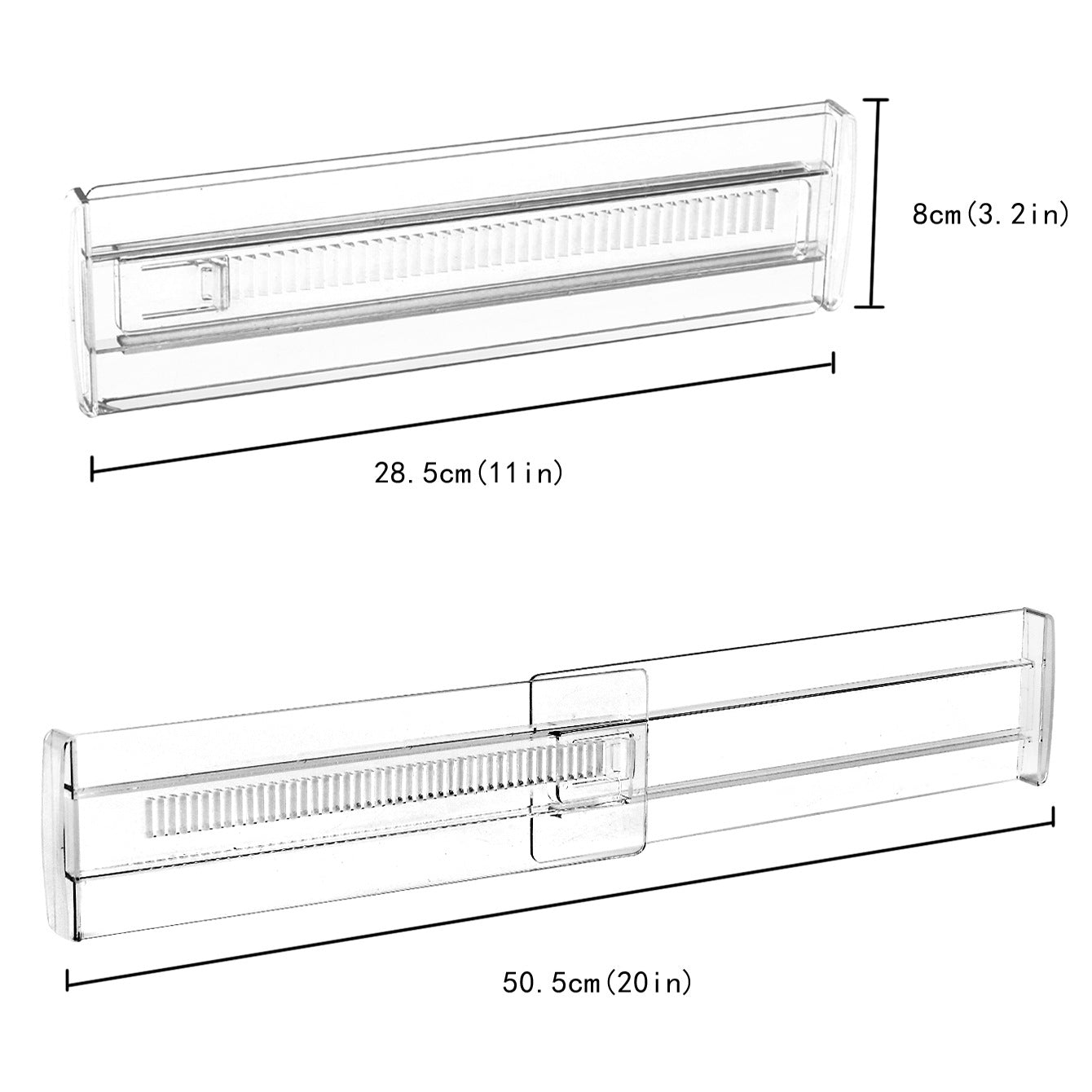 Transparent spring drawer divider mounted between the walls of an open storage drawer