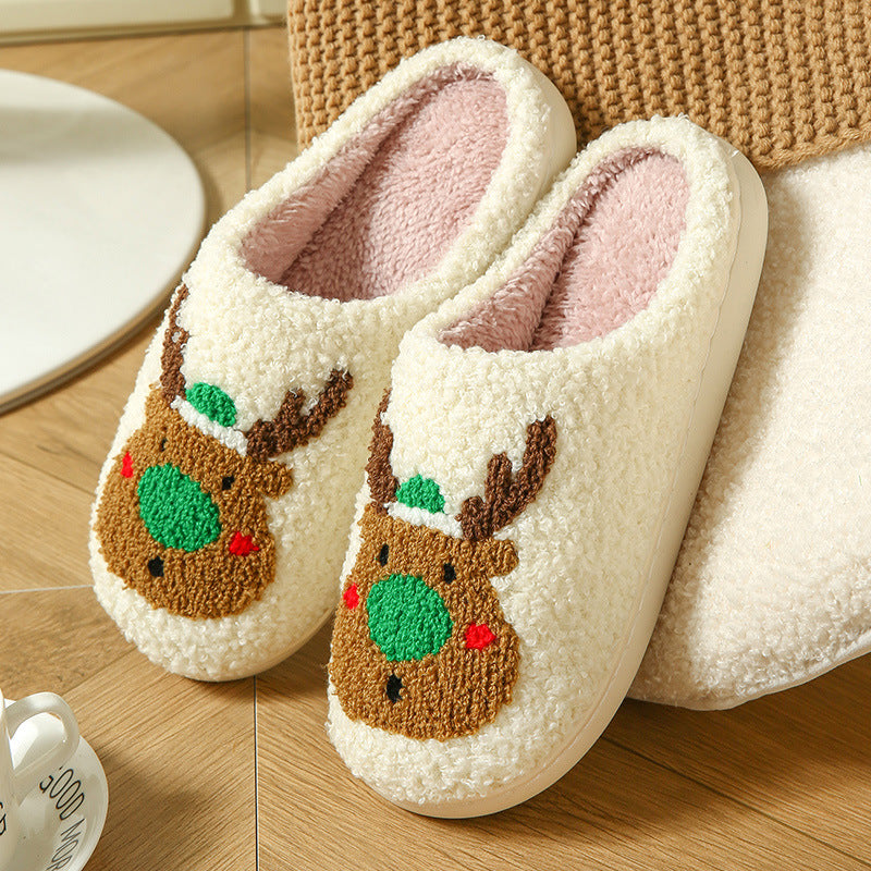 Cream plush slippers with a tufted reindeer face with a green nose, size 40-41 option