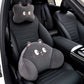 Black cat headrest pillow on the seat headrest and black cat lumbar pillow on a black car seat