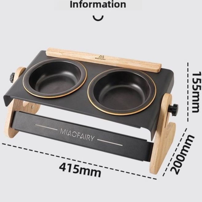 Black double pet bowl stand with two black ceramic bowls, measuring 415 by 200 by 155 mm, Black 2pcs option