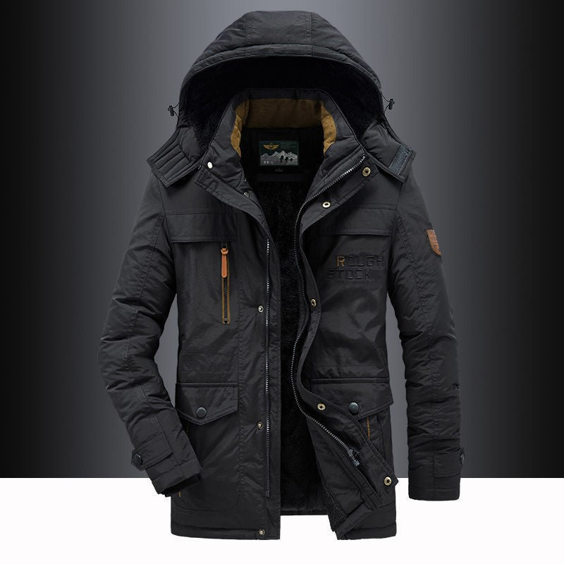 Black fleece lined hooded parka, front flat lay with drawcord hood, size 6XL