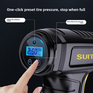Close view of the tire inflator digital pressure screen with plus minus buttons and mode key