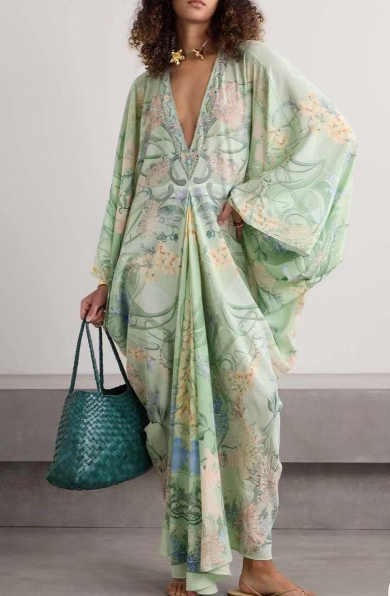 Light green botanical print V-neck maxi dress with wide sleeves, size S option photo
