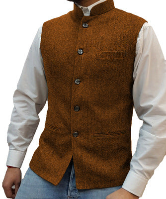 Orange herringbone stand collar vest over a white shirt, size XL
