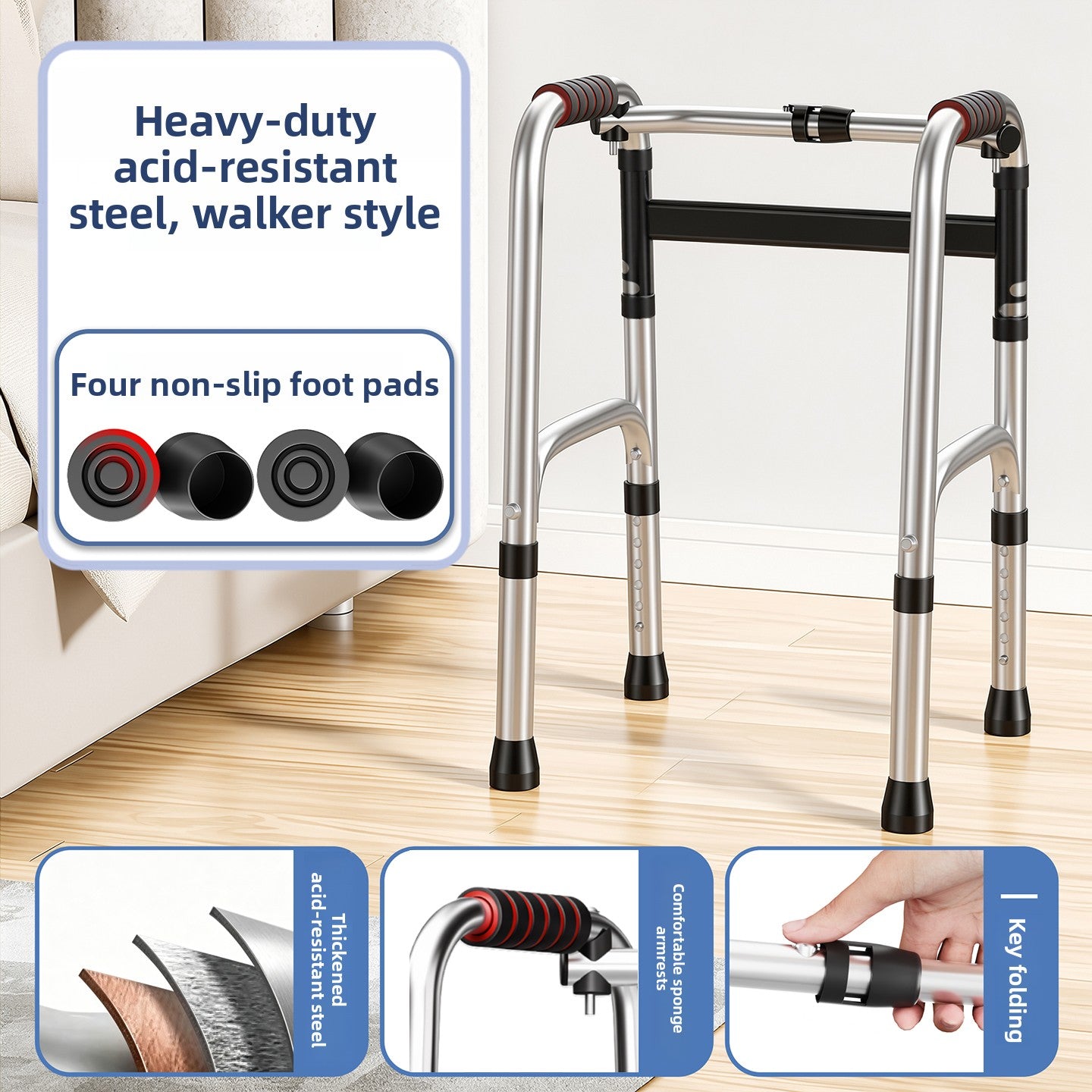 Acid resistant steel walking frame on a wood floor, plain walker build without wheels