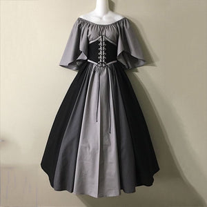 Color block renaissance maxi dress side profile showing skirt drape and panels