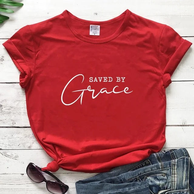 Solid color cotton t-shirt with a relaxed fit and the Saved by Grace chest print