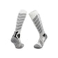 Long ski socks with a towel cushioned sole and an elastic cuff that holds the sock up