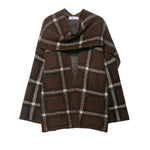 Brown plaid knit open front cardigan with scarf collar and two patch pockets laid flat on white