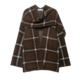 Womens Plaid Knit Open Front Cardigan with Scarf Collar