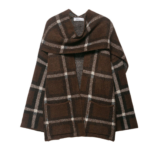 Womens Plaid Knit Open Front Cardigan with Scarf Collar